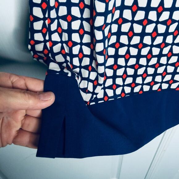 Donna Morgan Long Sleeve Shift Dress Collared Geometric Blue/White/orange Size 6 - Picture 7 of 10